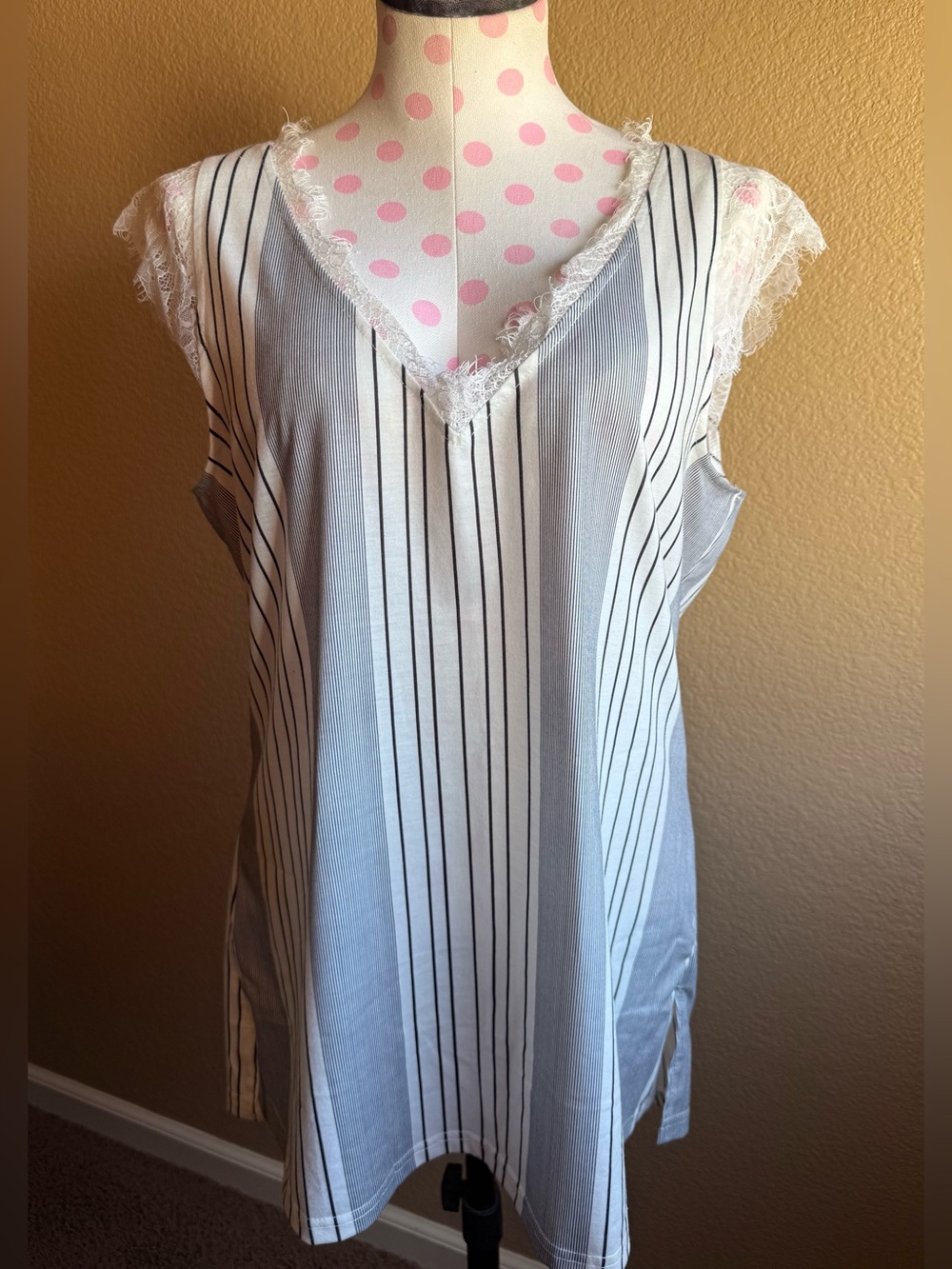 Striped Sleeveless Blouse with Lace Trim